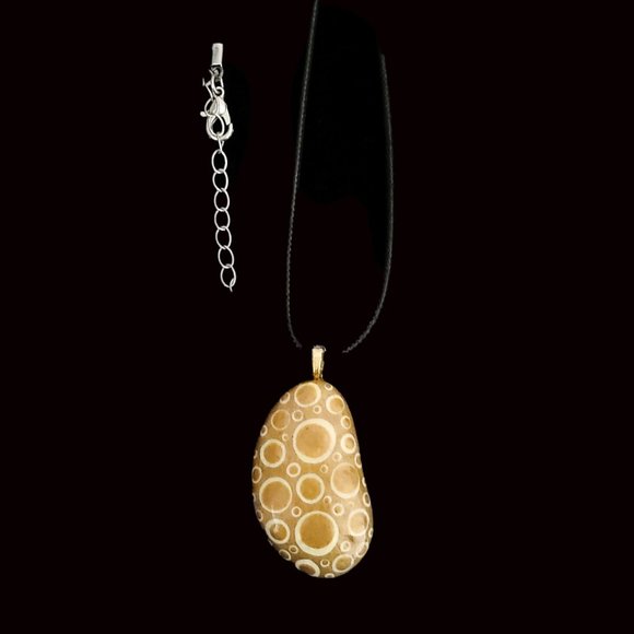 Hand Painted Dot Art Pendant. Gold and Ivory - Picture 3 of 11